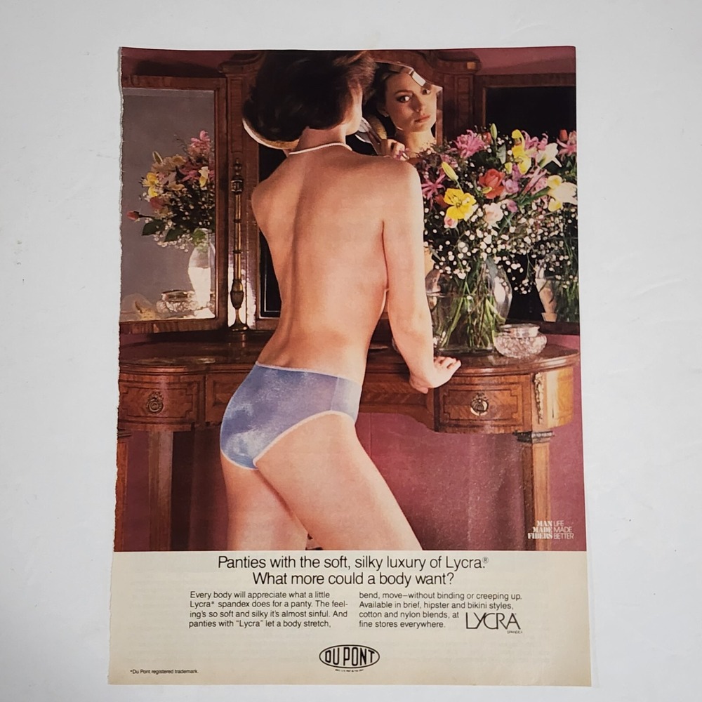 Vintage Print Ad Lycra spandex topless model in panties clipping 1983 8x10.5